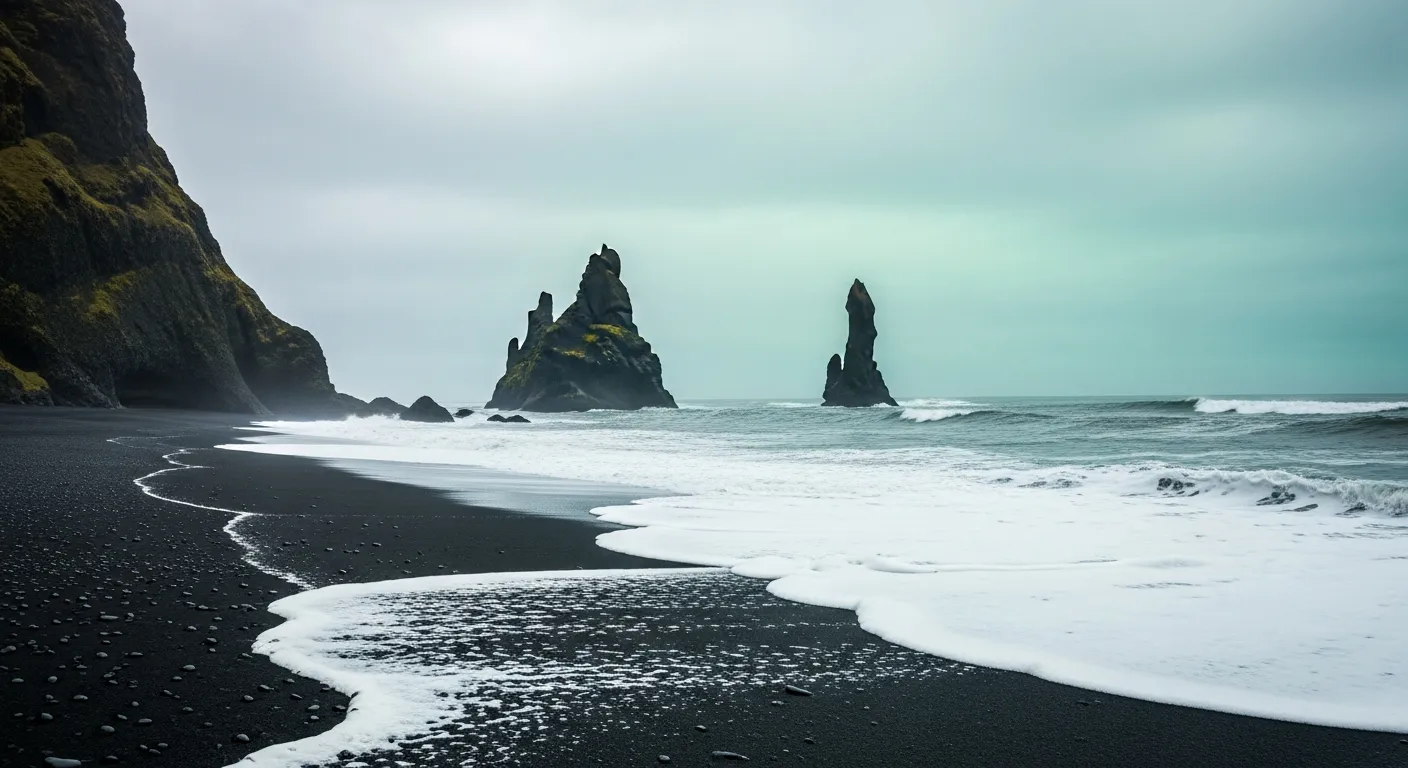 Aerial view of Iceland's dramatic landscape with glaciers, volcanic terrain, and green valleys
